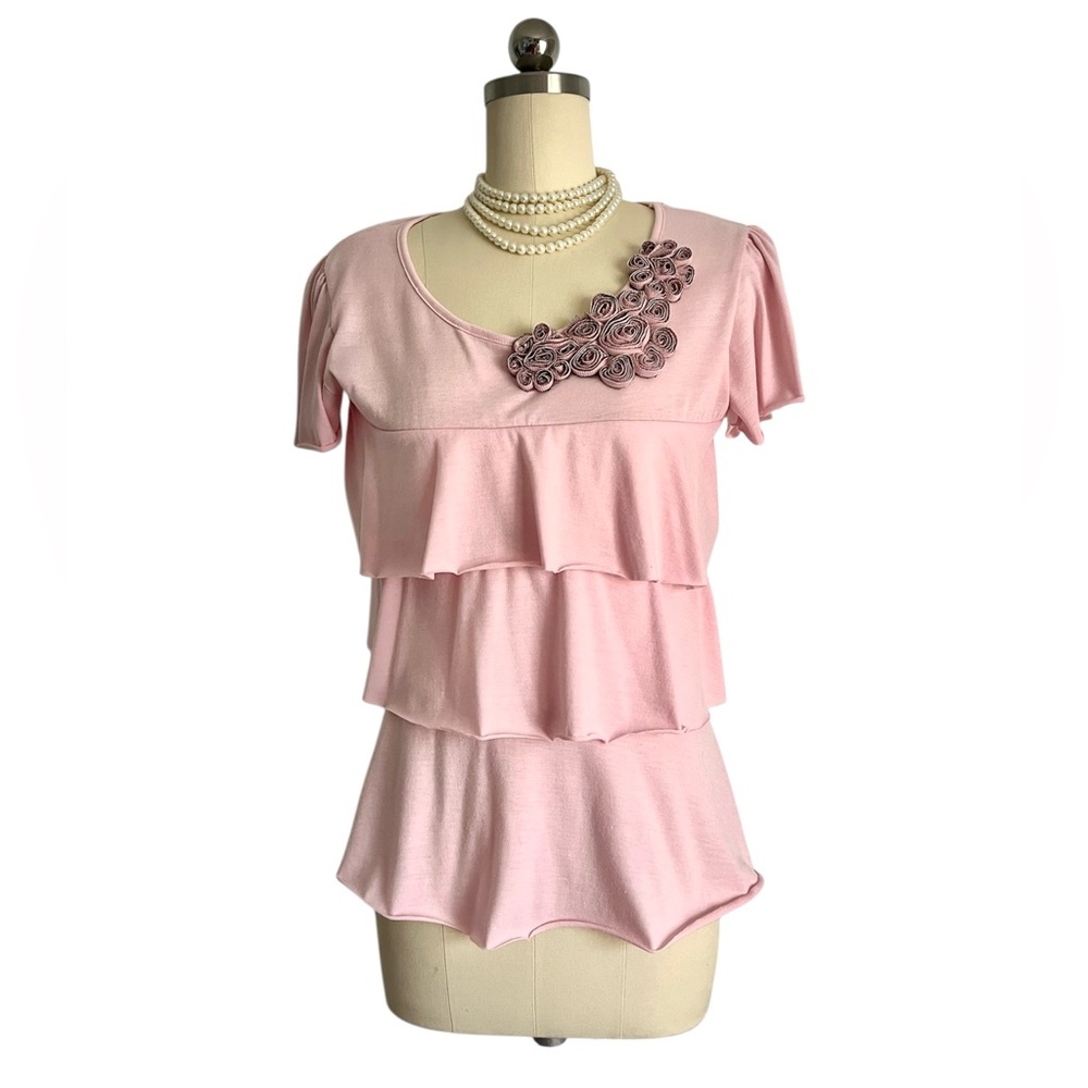 Agenda M Pastel Pink T-Shirt Embroidered Rosettes Tiered Ruffled Woman’s Size M